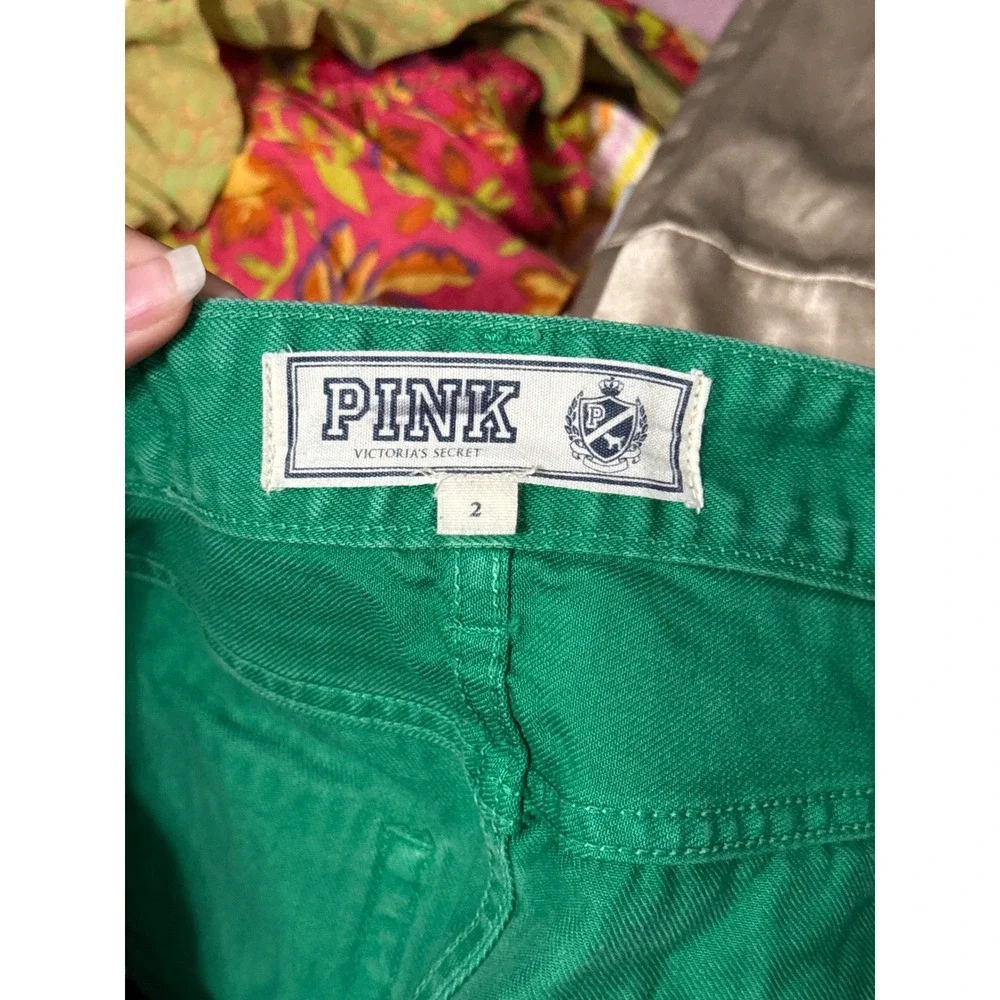 PINK Victoria's Secret Green Denim Y2K Cutoff Mini Shorts Raw Hem Preppy Summer